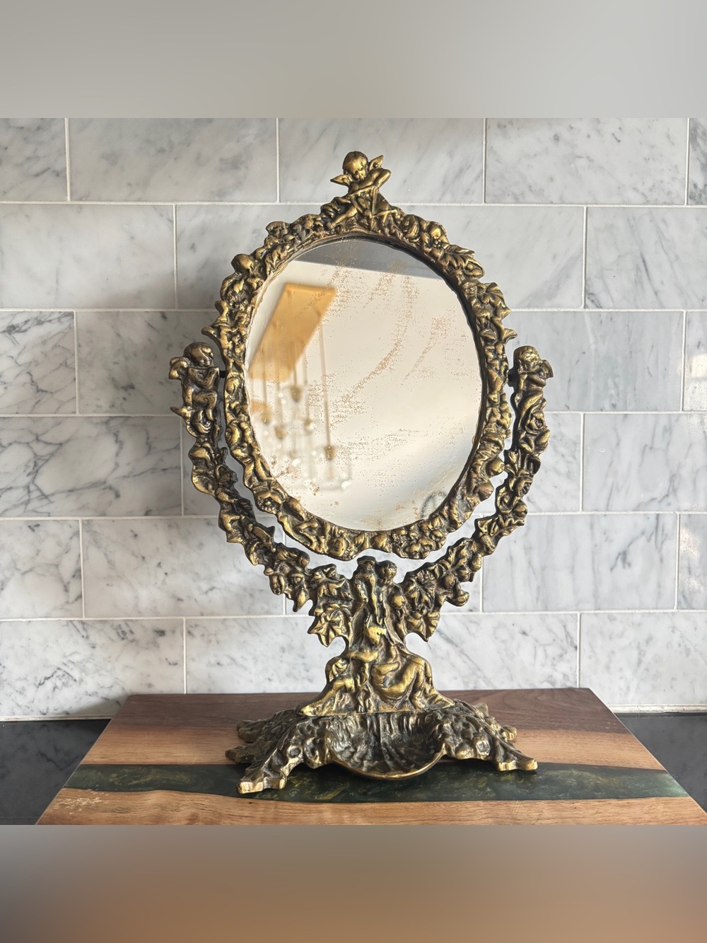 Vintage Ornate Brass Cherub Table Top Vanity Mirror